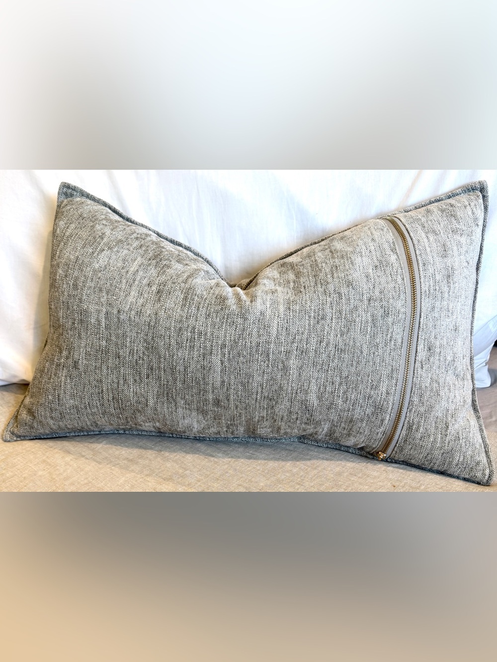 Catherine Malandrino Textured Lumbar Pillow - Gray with Gold-Toned Zipper Decor
